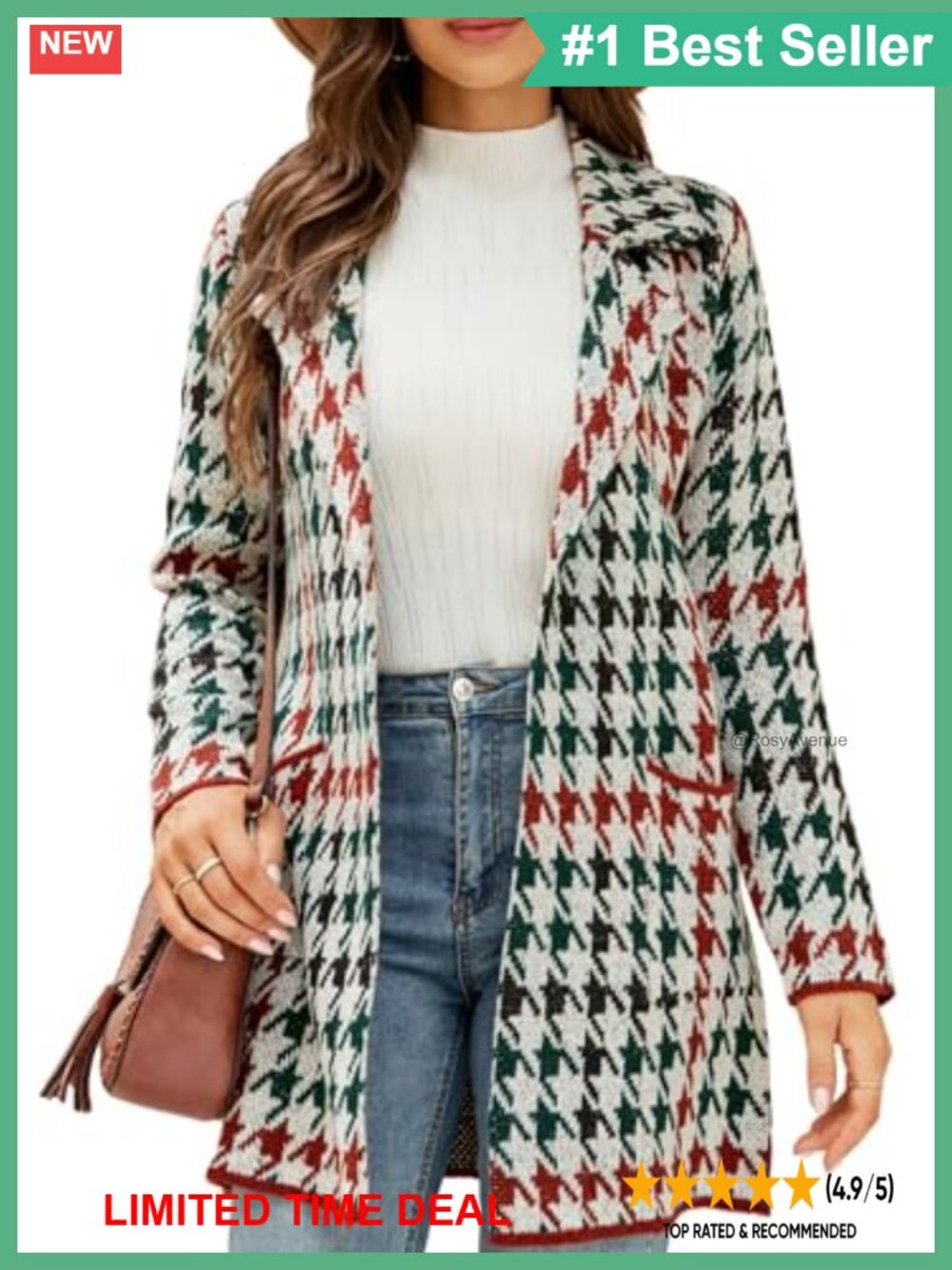 Plaid Knit Cardigan Blazer Open Front Notch Lapel Long Sleeve Sweater Coat